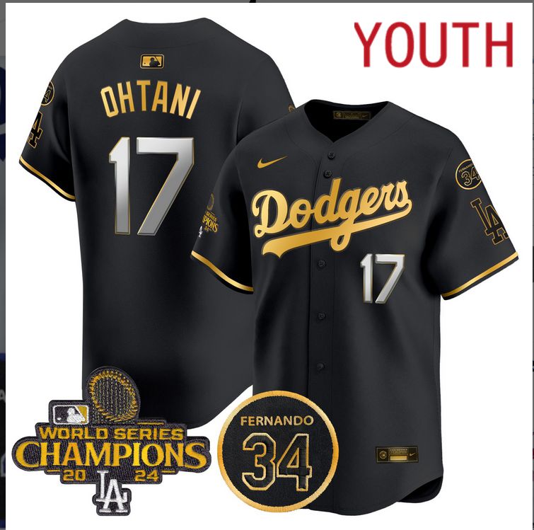Youth MLB Los Angeles Dodgers 17 Ohtani black 2024 World Series Champions Patch Limited Jersey